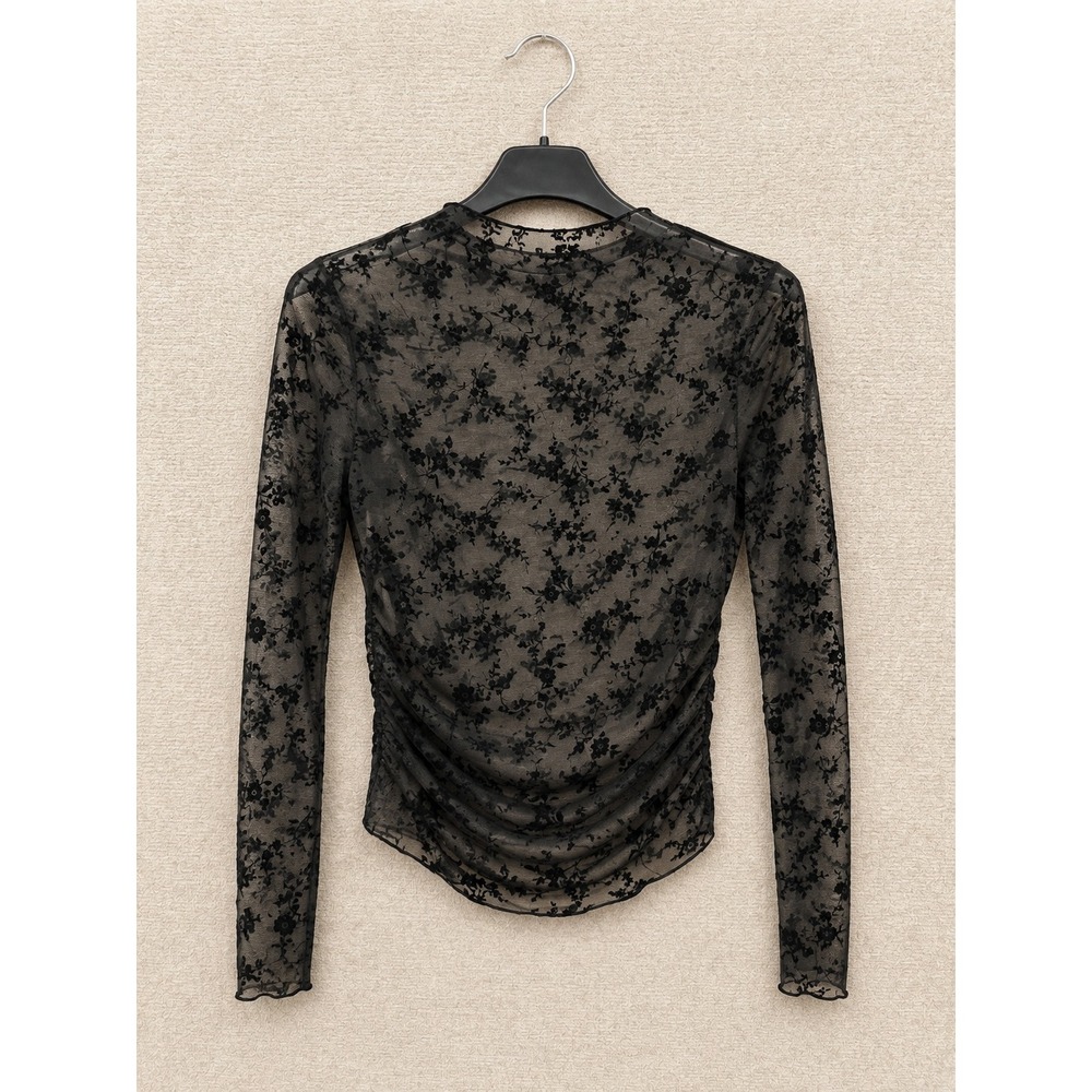 Zara Women Mesh Top L Black Floral Velvet Burnout Ruched Long Sleeve Mock Neck